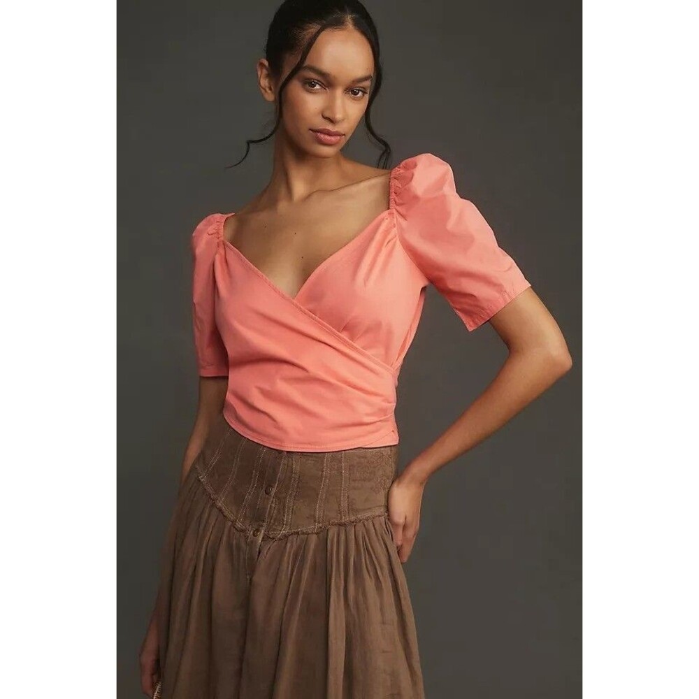 By Anthropologie Puff-Sleeve Wrap Blouse Cropped Top V Neck Pink L NWT 280184